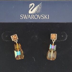 Swarovski Dainty Earrings Aurora Borealis in Amber Shades Swan Signed NWT